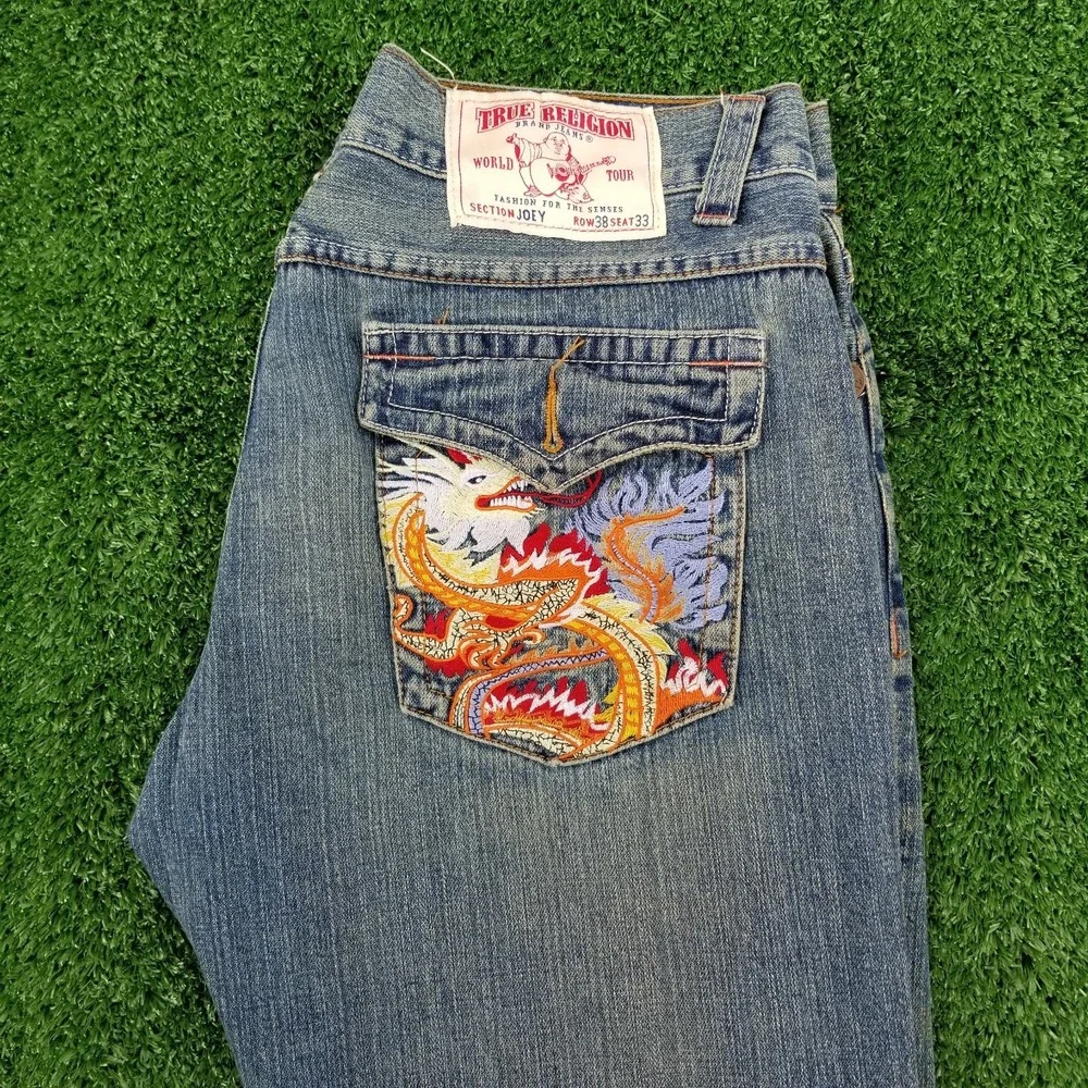 Vintage True Religion Jeans Joey Embroidered Dragon 38x33 Blue Denim Flare 90s